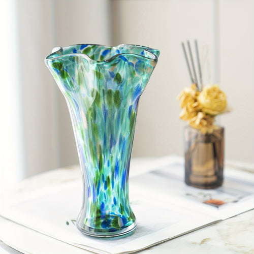 Hand Blown Teal Glass Vase for Fresh Flowers - Wide Mouthed Green Vase for Spring Flower Arrangements, Centerpieces for Bookshelves, Dining Tables, Bedrooms