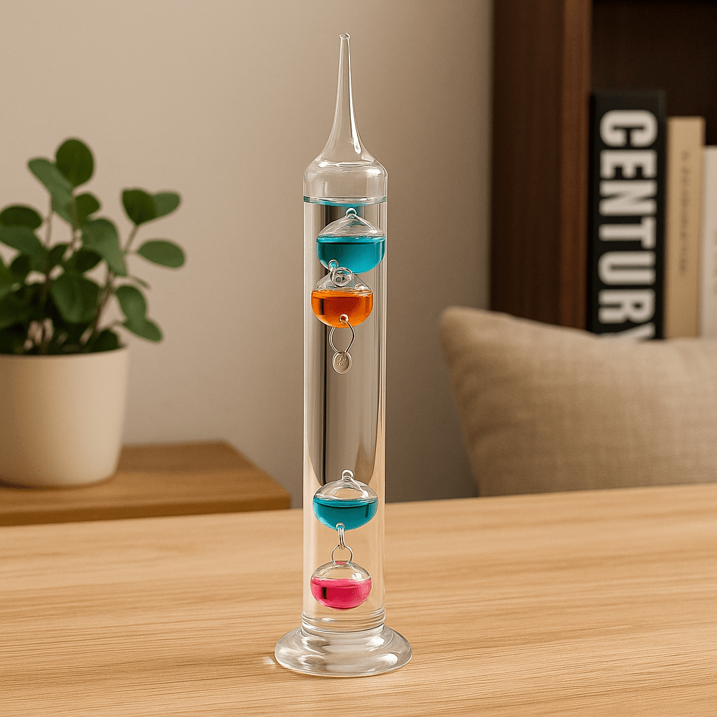 Galileo Thermometer Glass Multicolor Floating Spheres 9.5 Inch Decorative Temperature Display 16°C-28°C for Home Office Desk Science Decor Gift
