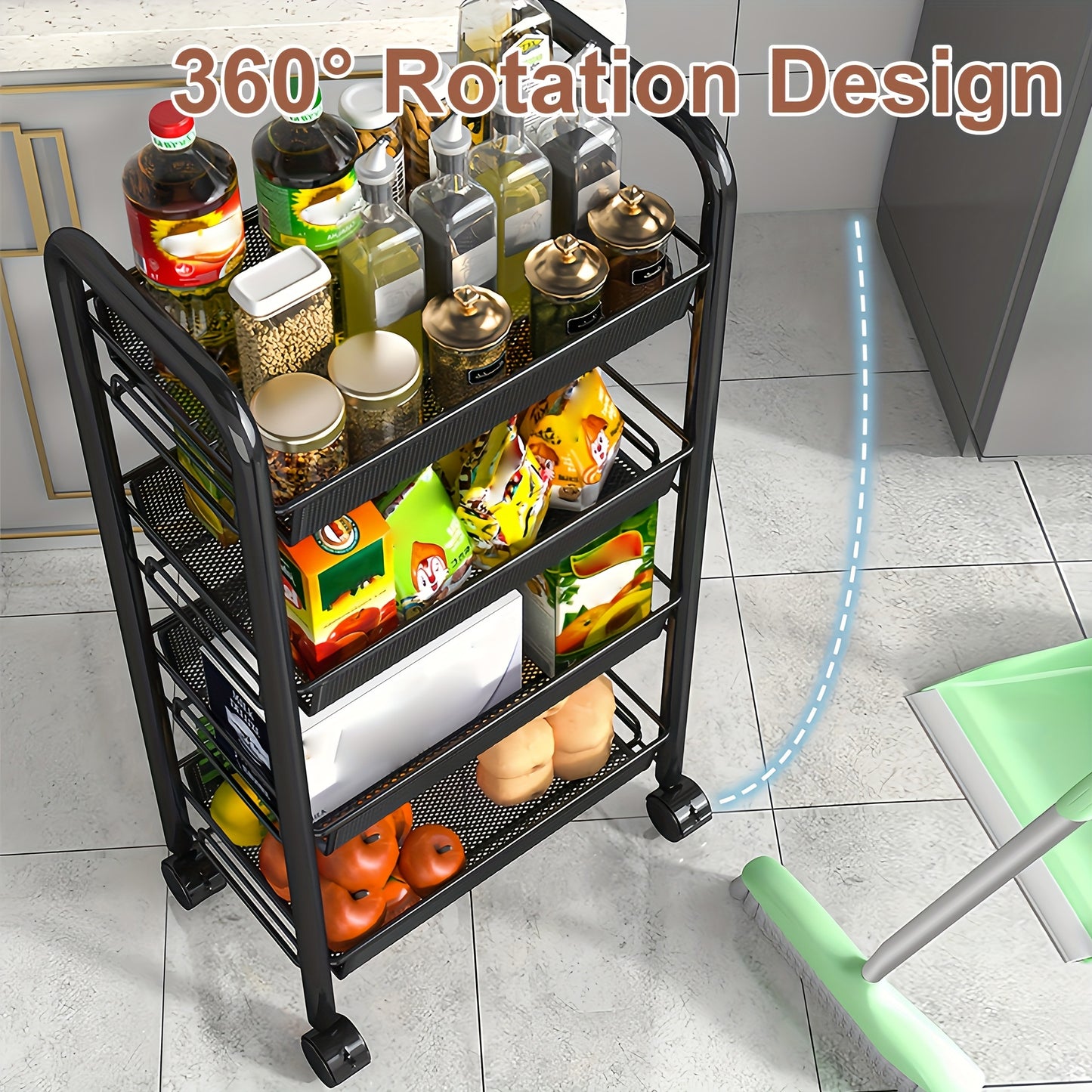 Multi-layer Carbon Steel Storage Trolley, Multifunctional Storage Trolley On Wheels, Space Saving Detachable Carbon Steel Wire Basket, Black, Suitable for Kitchen, Living Room, Bedroom, Office-bathroom Storage, Shelves