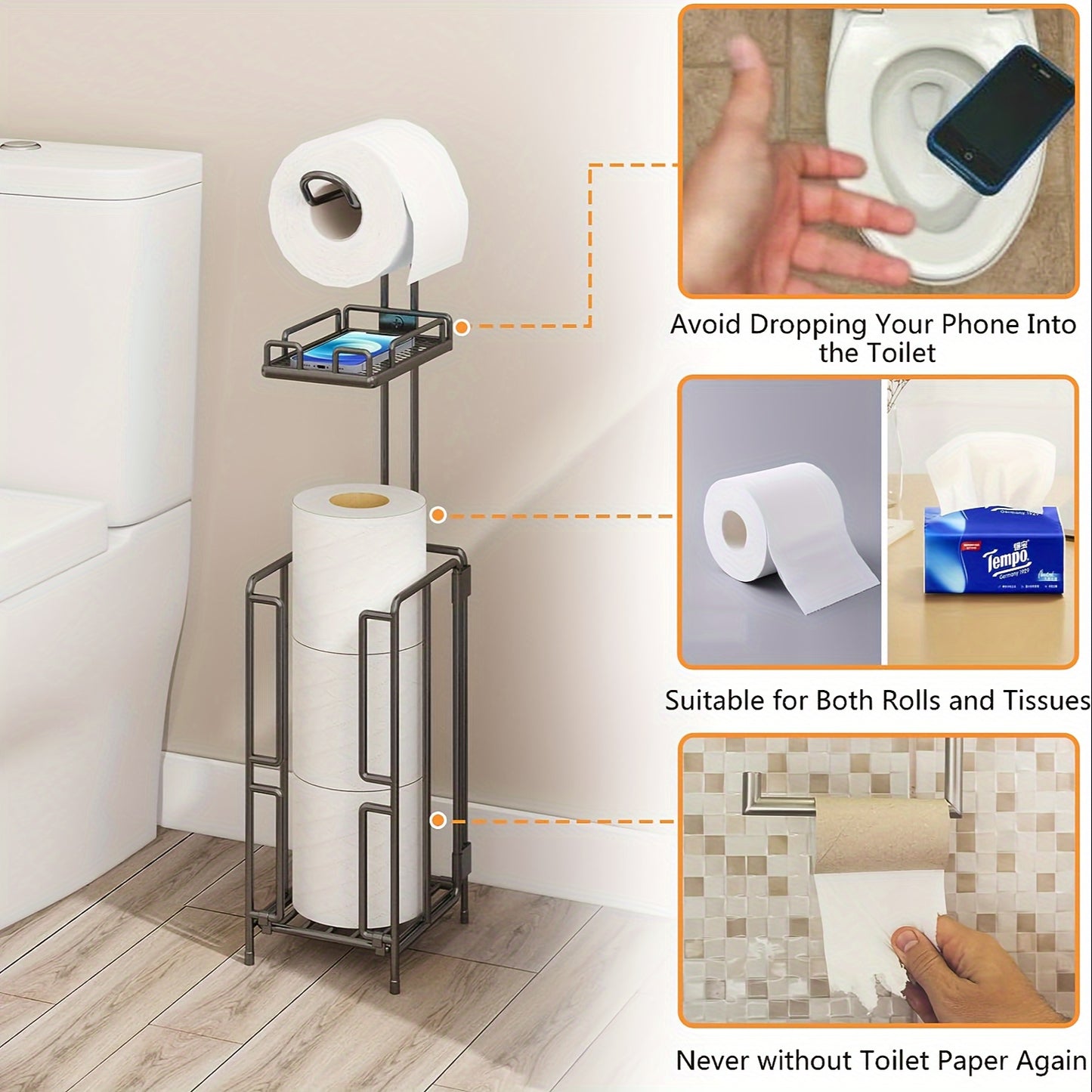 Freestanding Toilet Paper Holder, Metal Trim Freestanding Toilet Paper Roll Holder And Dispenser to Store 3 Extra Rolls Of Reserve Toilet Paper, Christmas