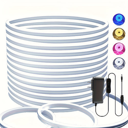 LED Neon Light Strip 32.8ft 10m 1200 LEDs Super Bright, IP65 Waterproof 24V Flexible Neon Strip with Power Adapter & Mounting Clips, White Pink Warm White Ice Blue, Bedroom Kitchen Outdoor Christmas Halloween Decor