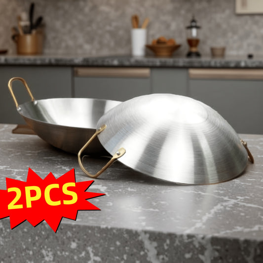 Stainless Steel Wok Set 2pcs 10in + 11in | Heavy Duty Non-Stick Frying Pan with Stainless Steel Handle – Dishwasher Safe Cookware for Home Kitchen & Outdoor Cooking