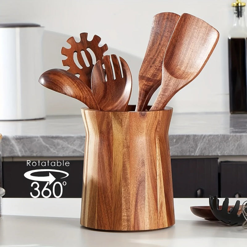 Wood Utensil Holder Compatible for Asian Chopsticks & Cutlery Organizer - Wood Insert-Mounted Space-Saving Countertop/Cabinet Storage with Chopstick Cage (No Screws/Adhesive) - Shelf for Spoons, Knives