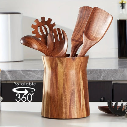 Wood Utensil Holder Compatible for Asian Chopsticks & Cutlery Organizer - Wood Insert-Mounted Space-Saving Countertop/Cabinet Storage with Chopstick Cage (No Screws/Adhesive) - Shelf for Spoons, Knives