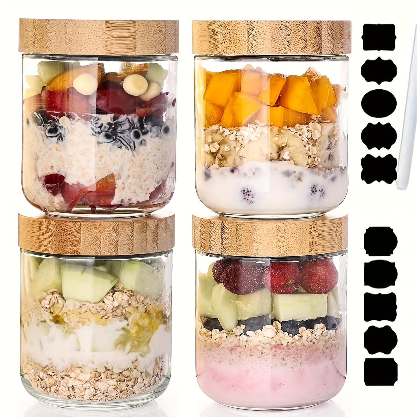 4/6 Packs Overnight Oats Containers with Bamboo Lids, Glass Jars with Airtight Lids for Meal Prep, Wide Mouth Mason Salad Jars, Glass Food Storage Container for Yogurt Chia Snacks Spice Sugar