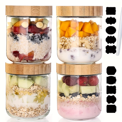 4/6 Packs Overnight Oats Containers with Bamboo Lids, Glass Jars with Airtight Lids for Meal Prep, Wide Mouth Mason Salad Jars, Glass Food Storage Container for Yogurt Chia Snacks Spice Sugar