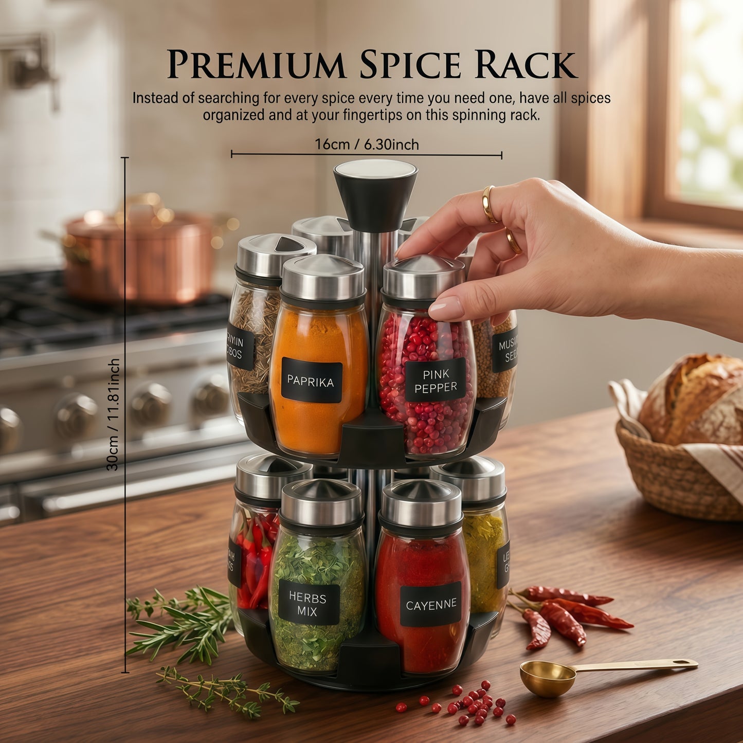 Glass Spice Jar Set with Rotating Rack – Airtight Kitchen Spice Organizer with 360° Stainless Steel Stand – Food Grade Glass Seasoning Bottles for Pantry, Cabinet & Countertop Storage – 6 or 12 Piece