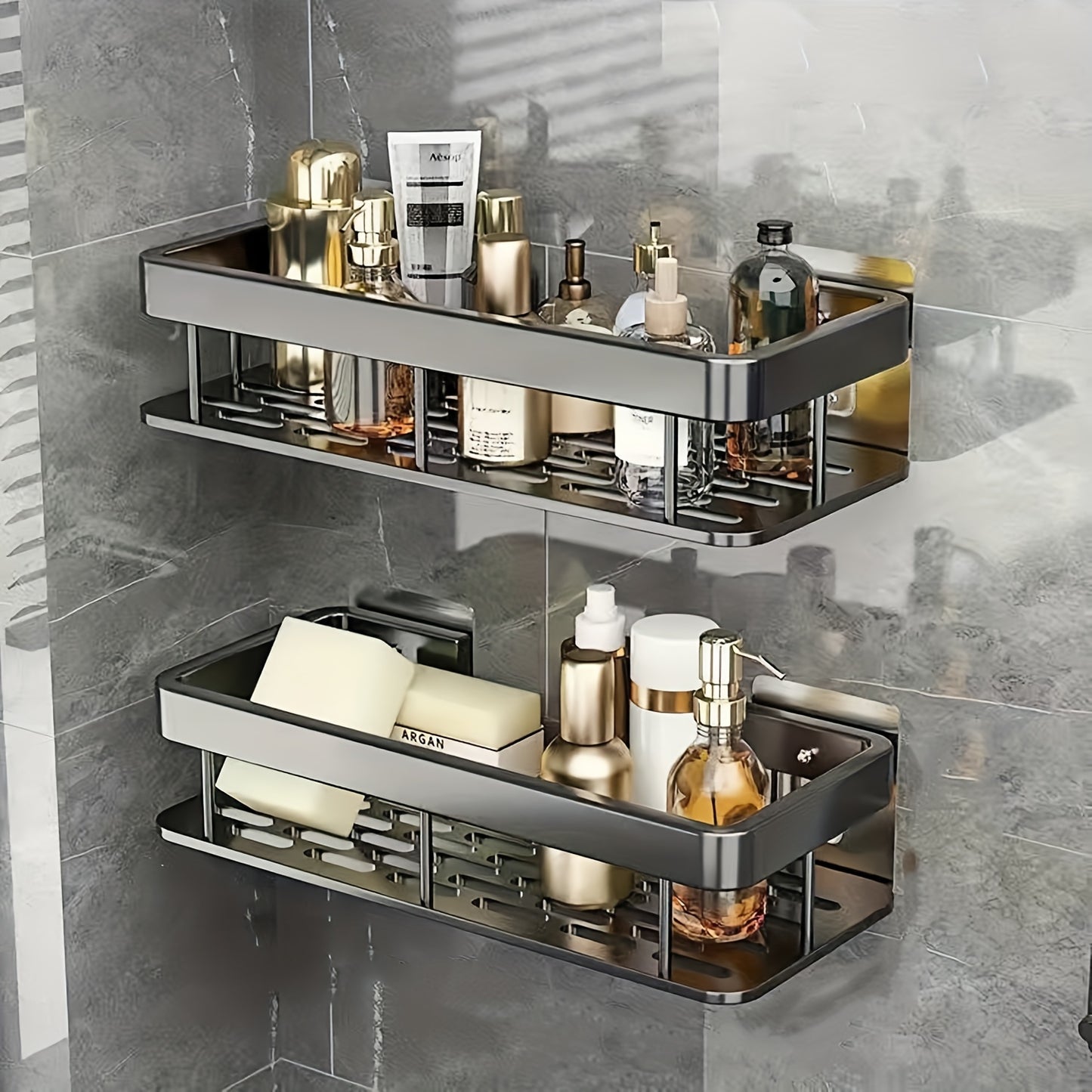 Shower Caddy Wall Mounted Stainless Steel 2-Pack - Rust-Resistant 2-Tier Bathroom Shelf Organizer, Corner Storage Rack for Shower Bathtub Accessories, Space-Saving Bathroom Caddy - Black & Silver
