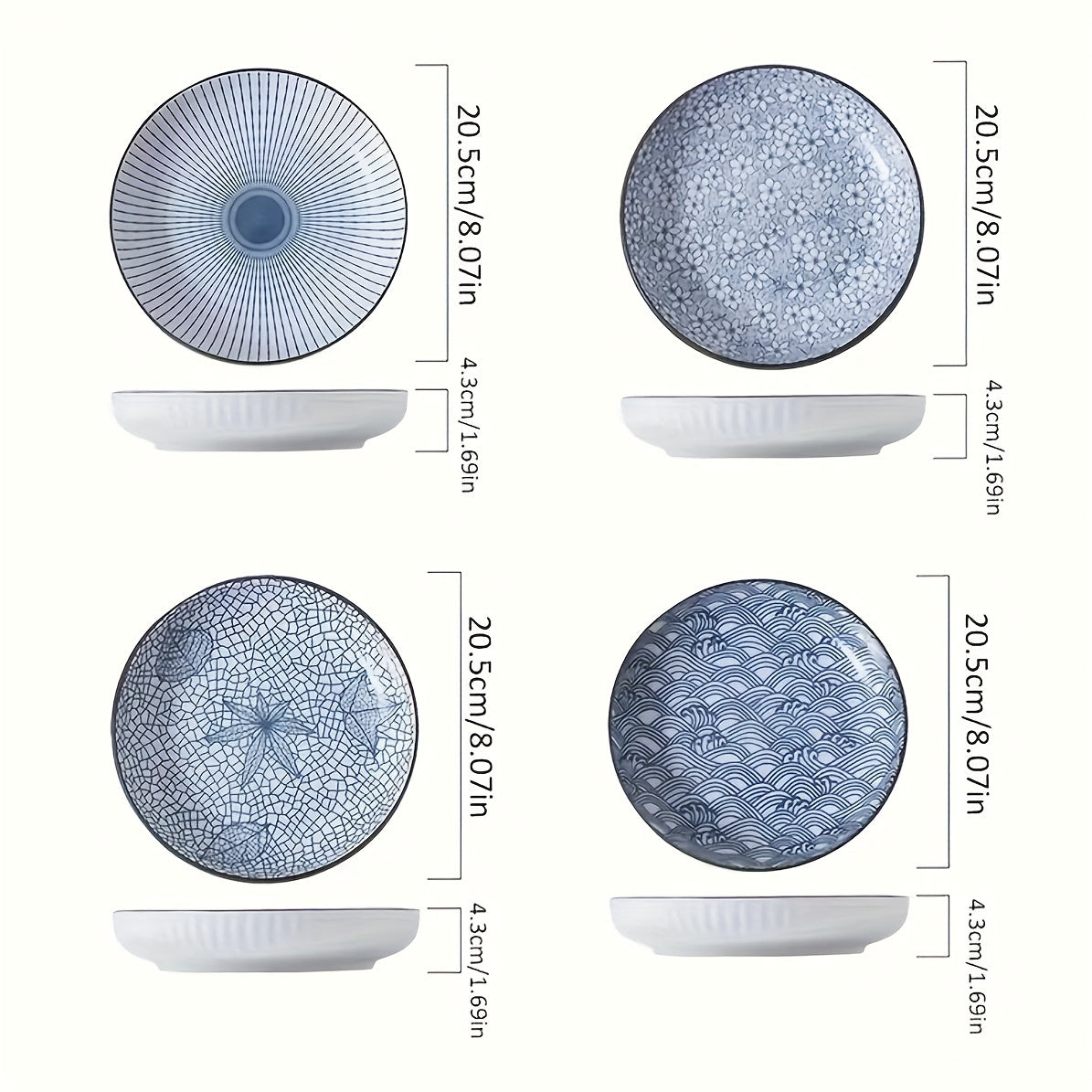 Japanese Ceramic Plates Set of 4 – Floral Yamada Pattern Dinnerware, 7-Inch Round Serving Plates with Non-Slip Edge, Underglaze Color, Nordic Style Steak & Salad Dish