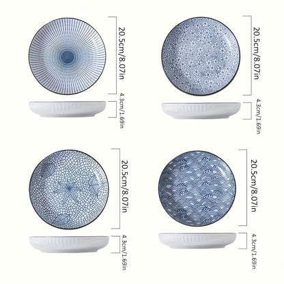 Japanese Ceramic Plates Set of 4 – Floral Yamada Pattern Dinnerware, 7-Inch Round Serving Plates with Non-Slip Edge, Underglaze Color, Nordic Style Steak & Salad Dish