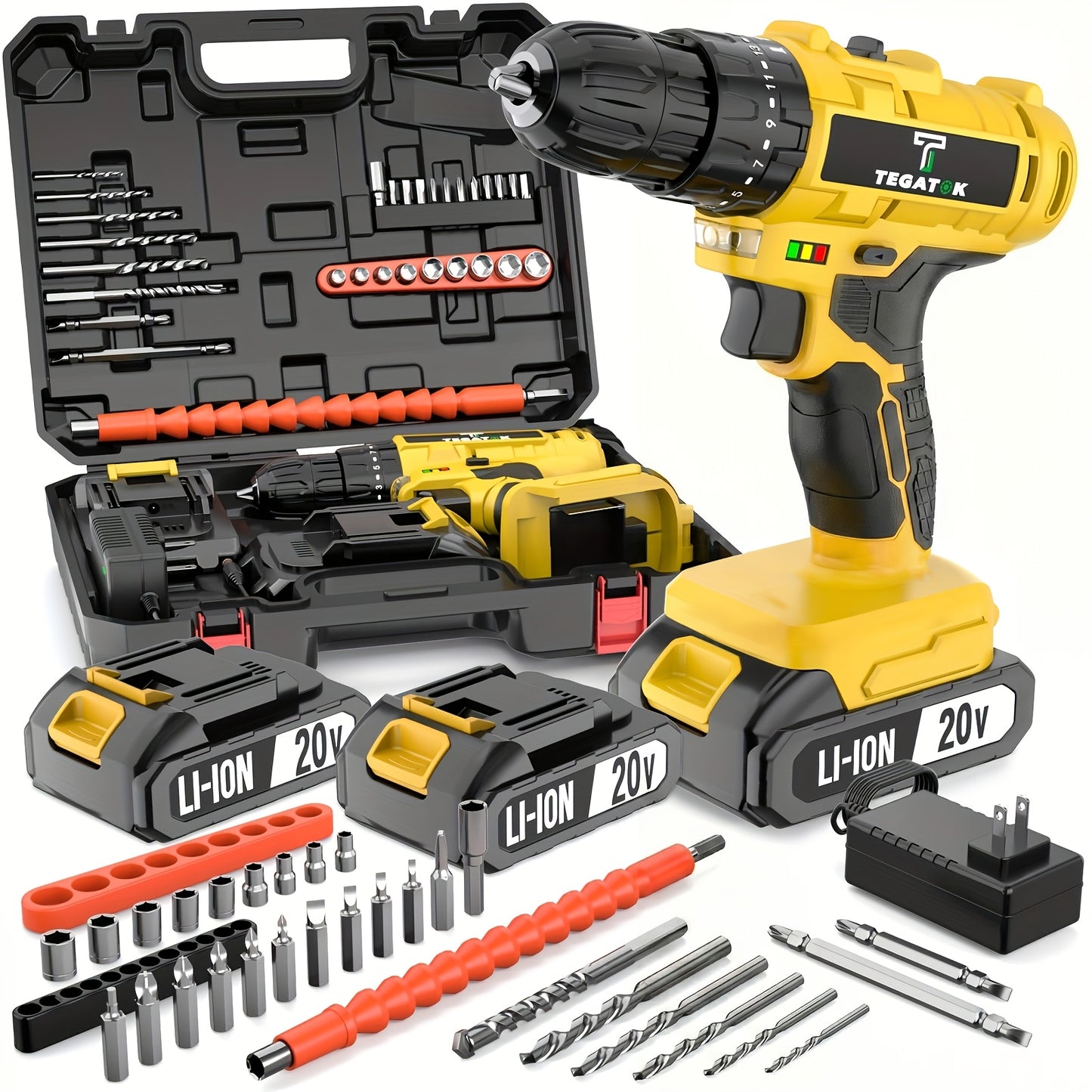 Tegatok 20V 58/136pcs/ 147pcs Cordless Impact Drill Kit With 20 Plus 3 Torque Settings 45Nm Max Torque Built In LED Light 2.0Ah Rechargeable Battery And Fast Charger Ideal For Home Renovation Woodworking Furniture Assembly Metal Drilling