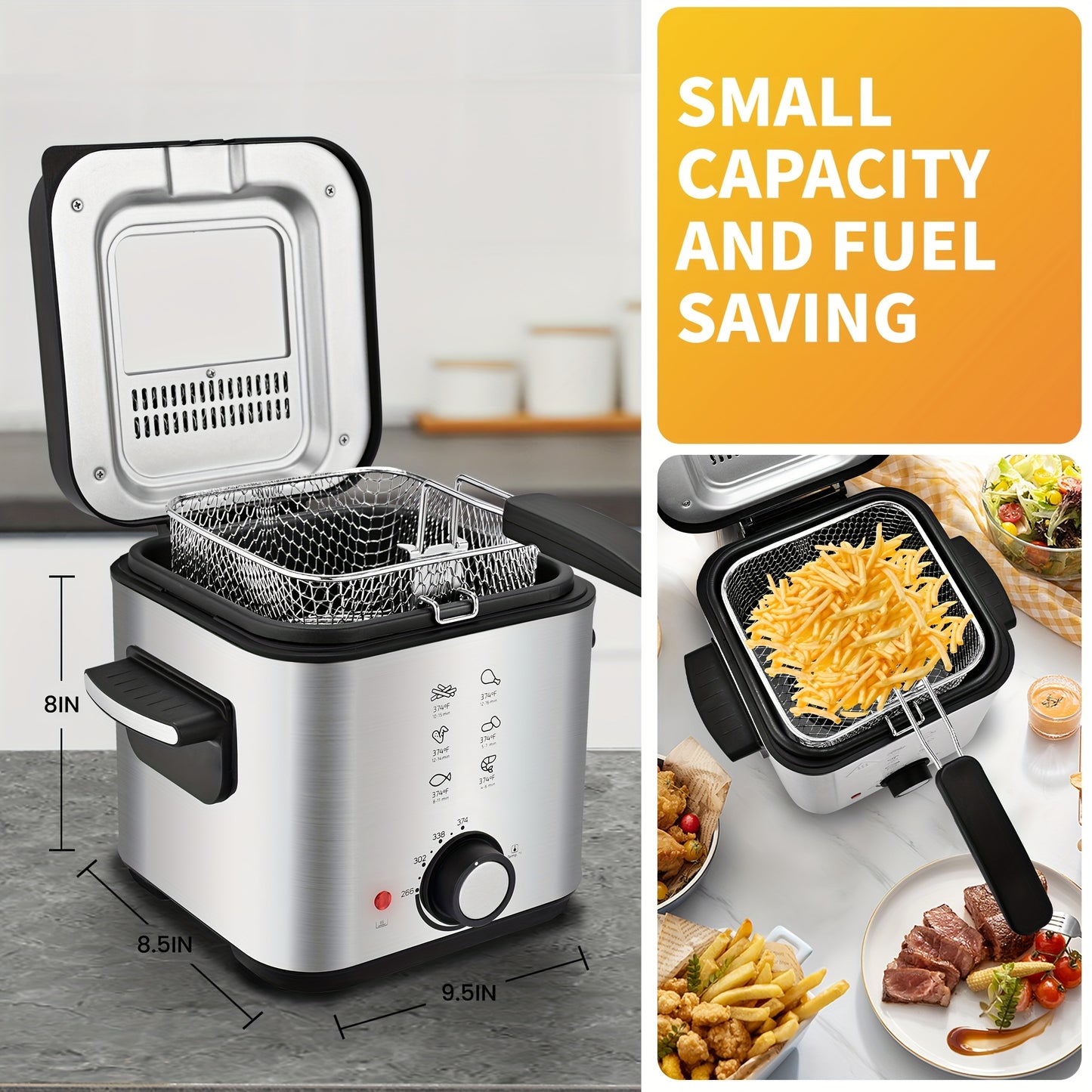 SUSTEAS 1800/1500W/900W Electric Deep Fryer with Stainless Steel Basket | Large Capacity, Adjustable Temperature, Easy-Clean Pot, Foldable Handle, Compact Durable Design | Stylish Kitchen Appliance & Essential Tool for Family Dinners, Parties