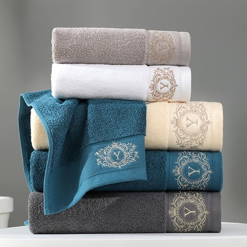 Luxurious 3pcs Cotton Towel Set with Embroidery - Soft, Absorbent & Lint-Free Bath Towels for Men and Women - Perfect for Home, Spa, Salon Use