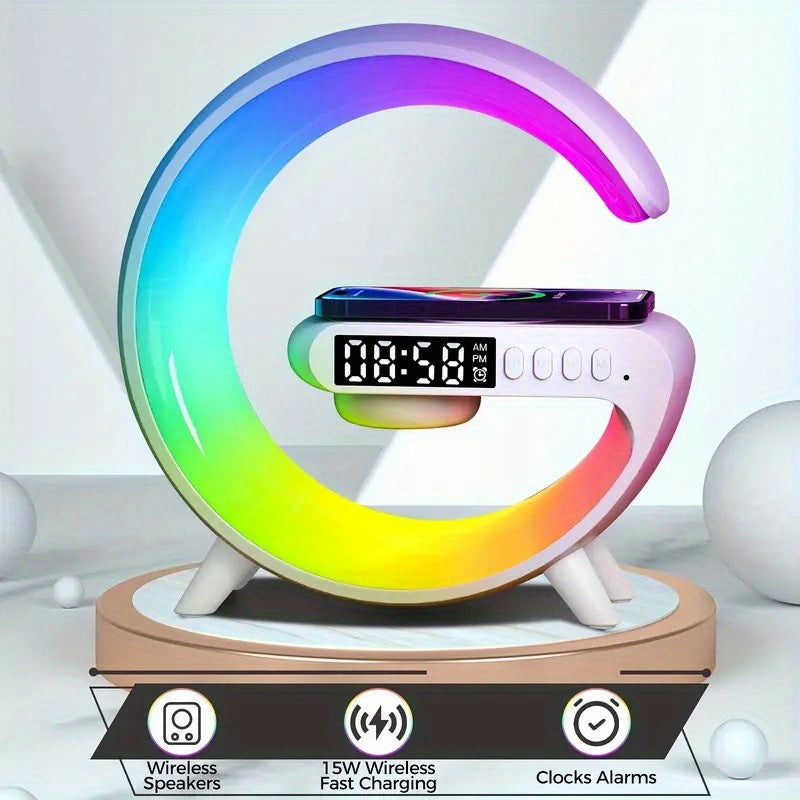 Version LED RGB Night Light Multifunctional Cell Phone Wireless Charging Station Fast Wireless Charger Portable Speaker Hi-FI Sound Quality Alarm Clock for iPhone 16 15 14 13 12 11 X for 4 3 2 for Holiday Gift