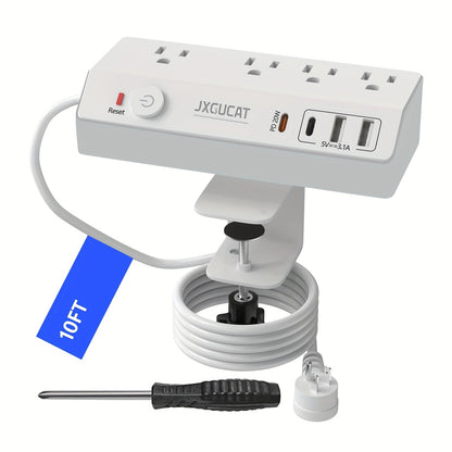 1pc Desk Clamp Power Strip With USB C, PD 20W Removable Fast Charging Desktop Edge Power Strip Surge Protector, 8.8Ft Extension Cord Flat Plug With 4 Outlet 4 USB Ports, Fit 1. 8" Tabletop Edge