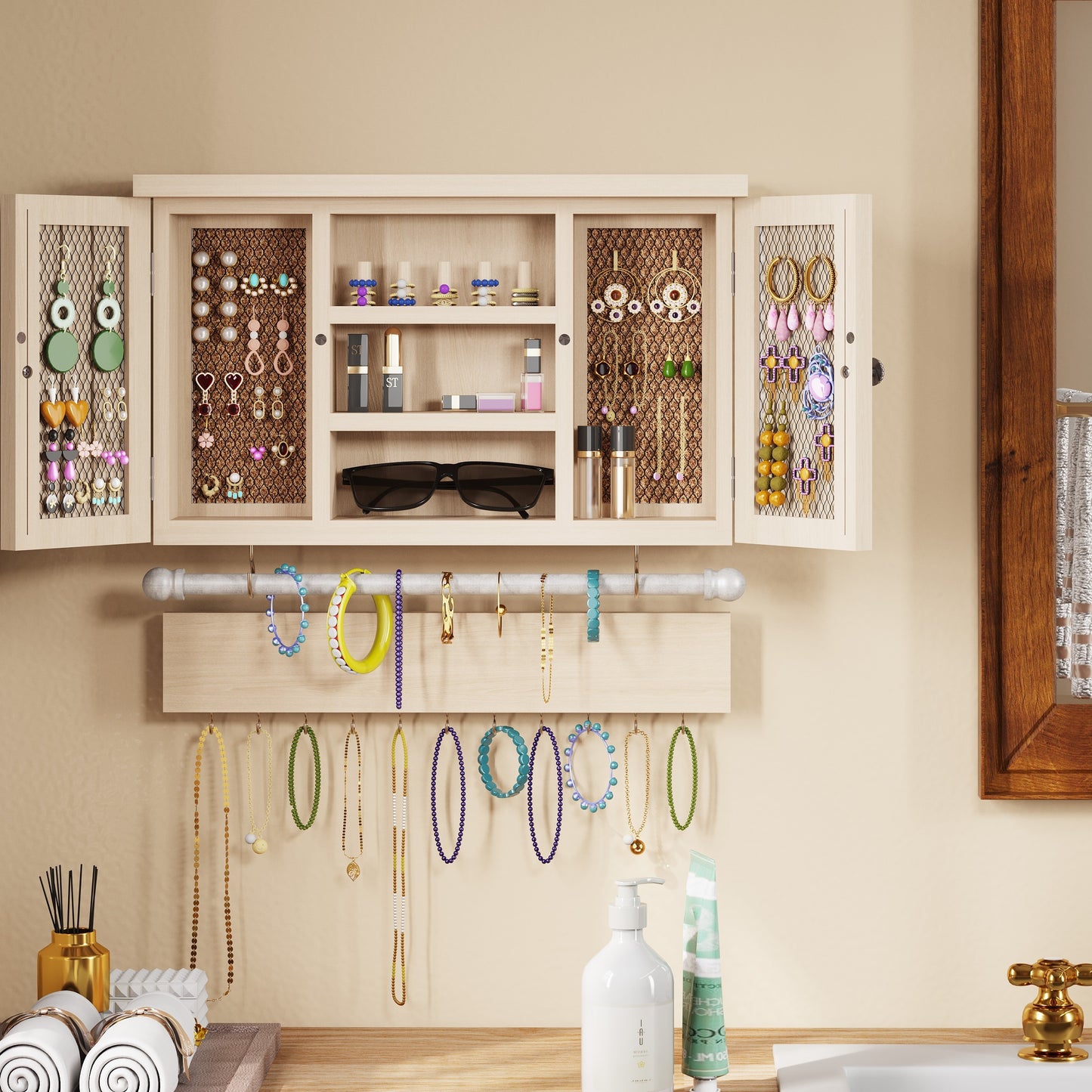 1pc Wood Wall-Mounted Jewelry Organizer with Removable Bracelet Rod & Hooks - Powder-Coated Suitable for Necklaces,, Bracelets Holder, Space-Saving Hanging Shelf for Rings, Powder-Coated for Decor,, Dressing Room, Hanging Jewelry Organizers