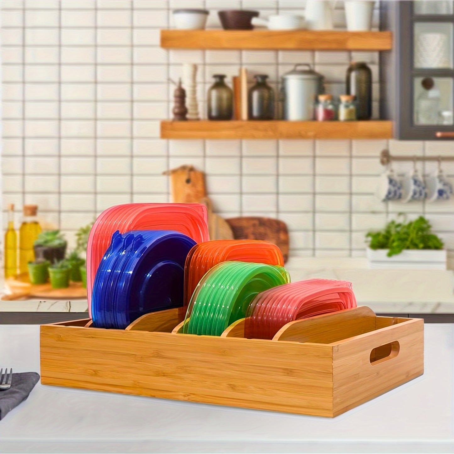 Adjustable Bamboo Lid Holder For Kitchen Cabinets, Organizer With 5 Dividers For Plastic Food Container Lids, Includes Writable Labels