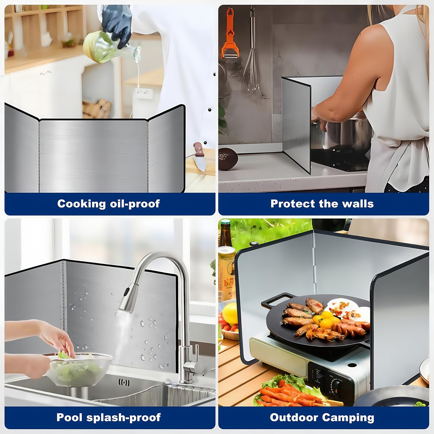4-Sided Pro Splatter Guard Shield - 31.5'' Foldable Stainless Steel Splash Screen- Heat Resistant with Nonstick Coating | Heavy-Duty Oil & Heat Insulation for Gas Range/Frying Pan | Commercial-Grade Kitchen Backsplash Protector