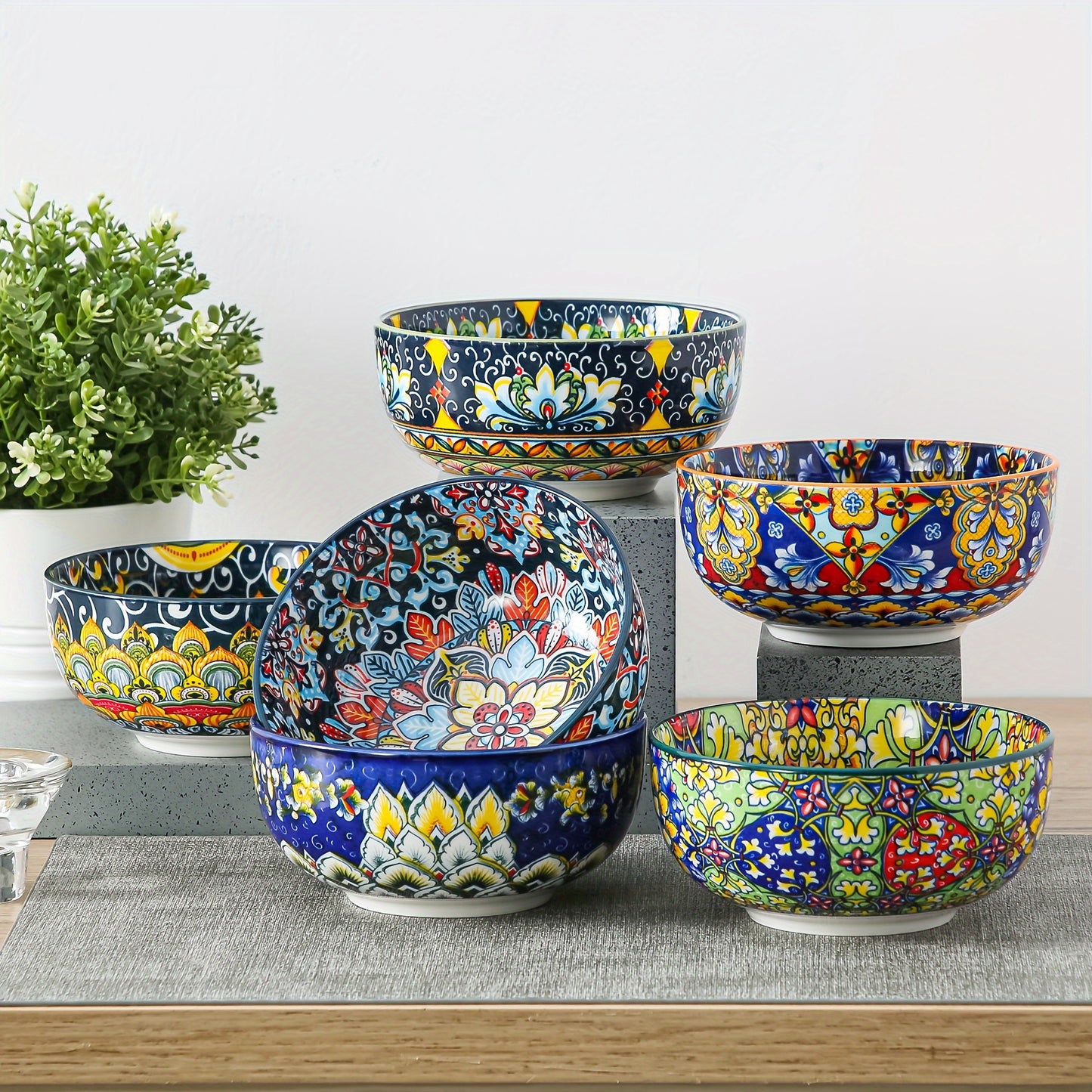 26oz Colorful Bohemian Style Cereal Bowls Set - for Cereal, Soup, Oatmeal, Ice Cream, Salad, Pasta Etc, Set Of 6