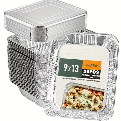 25 Pack Heavy-Duty Disposable Aluminum Pans with Lids - 9x13 Half-Size Baking Sheets, Chafing Trays & Oven Steam Table Pans for roasting, reheating, Cooking - Commercial/ Use (25 Count) | Durable Foil Trays with Covers