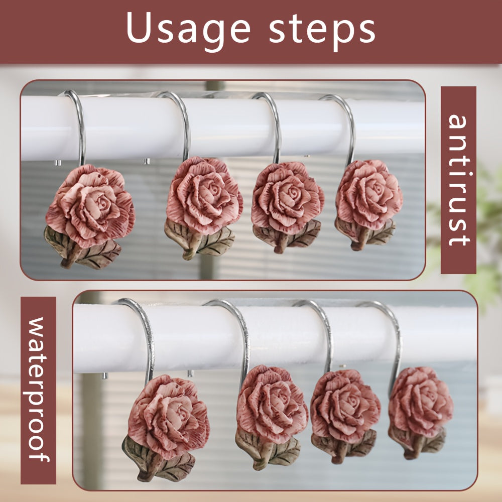 12pcs Rose Resin Shower Curtain Hooks - Rustproof Metal, Floral Design for Bathroom & Living Room Decor, Shower Curtain Hook, Bathroom Decor