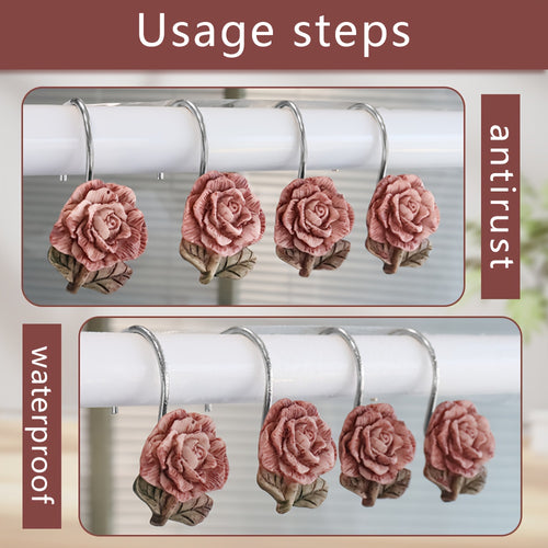 12pcs Rose Resin Shower Curtain Hooks - Rustproof Metal, Floral Design for Bathroom & Living Room Decor, Shower Curtain Hook, Bathroom Decor