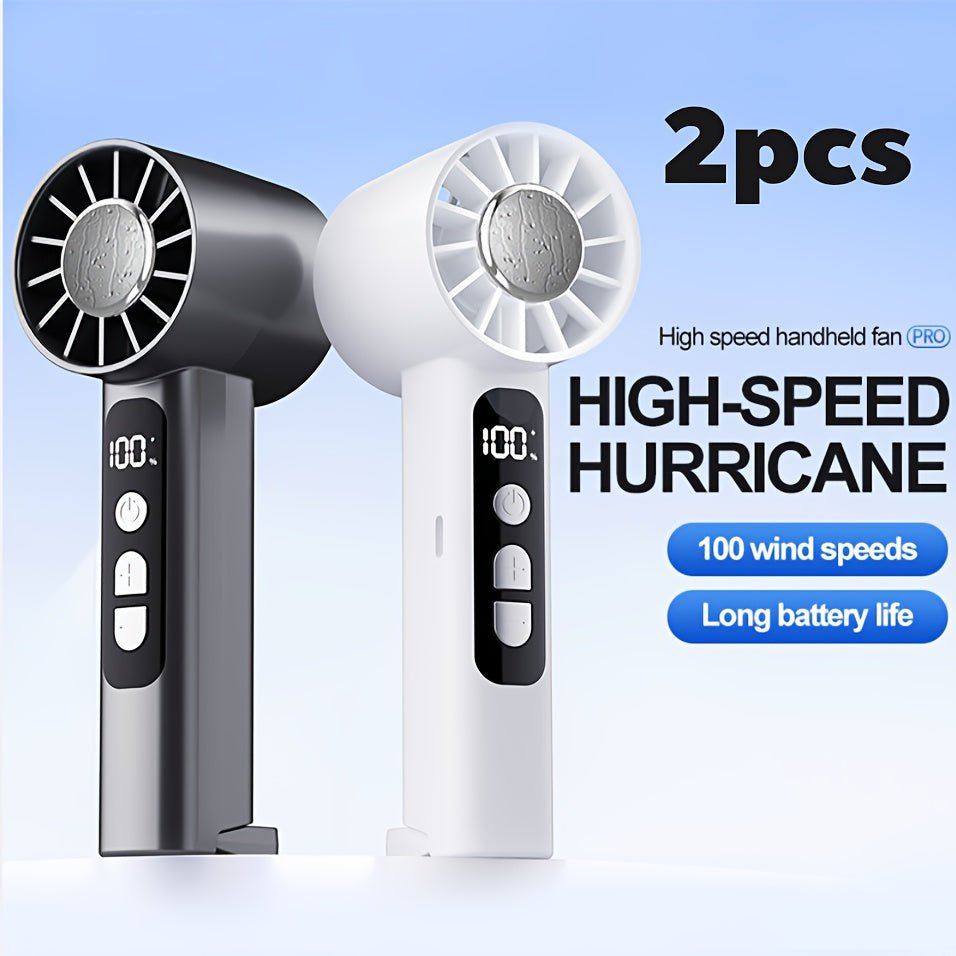 2pcs USB Rechargeable Handheld Fan Small Portable Desktop Fan Adjustable 1 to 100 Wind Power Display Power Summer Camping Travel Outdoor Indoor Tools, Long Press Infinite Speed Regulation, 1800mAh Battery, 180g, Lightweight And Convenient, Grey&White