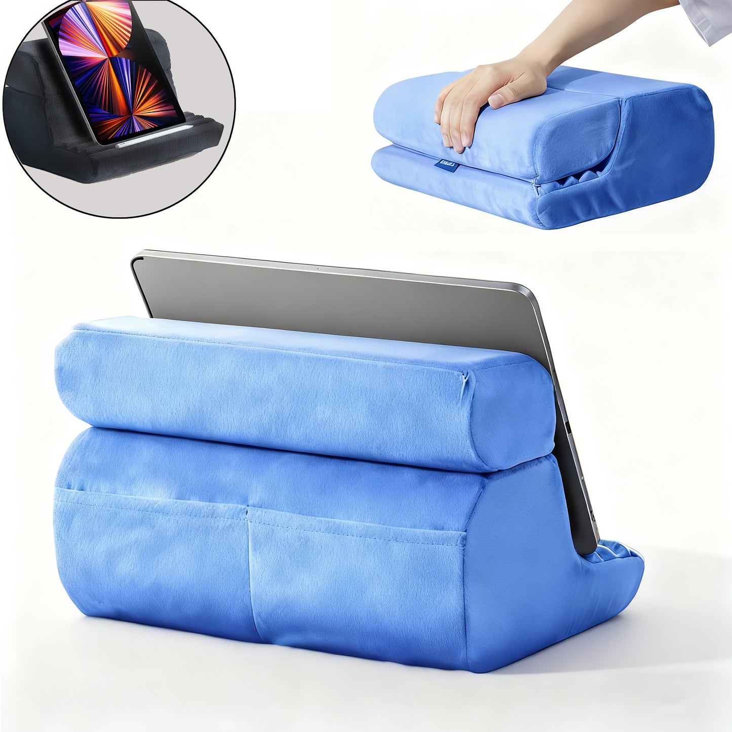 Tablet Pillow Stand with 3 Adjustable Viewing Angles, Soft Lap/Bed Holder for iPad/iPhone/E-Reader/Book, Foldable Design, 2 Zippers, Removable & Washable, High-resilience Foam, Rounded Edges, Hands-free, Relaxed Posture, Fits Lap/Bed/Home Office