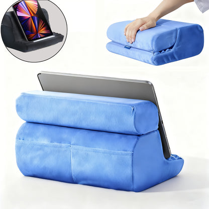Tablet Pillow Stand with 3 Adjustable Viewing Angles, Soft Lap/Bed Holder for iPad/iPhone/E-Reader/Book, Foldable Design, 2 Zippers, Removable & Washable, High-resilience Foam, Rounded Edges, Hands-free, Relaxed Posture, Fits Lap/Bed/Home Office
