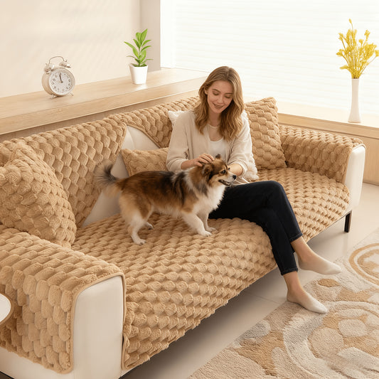 Non-Slip Sofa Cushion Cover Fuzzy Couch Pad Anti-Scratch Pet Friendly Machine Washable Fits 2 3 4 Seat Sectional Recliner 35.5 Inch Wide Beige Light Brown Grey