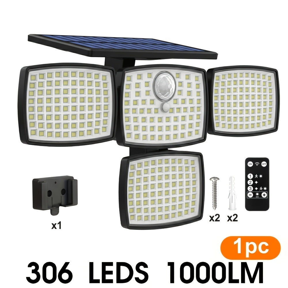 4/2/1 PACK 4 Head Solar Light Outdoor with Motion Sensor 306LED, 1000LM Solar Lights Outdoor with Remote Control, 270° Wide Angle Street Area Lights, 3 Adjustable Modes, IP65 Waterproof Solar Flood Light for Garden, Backyard, Garage, Wall, Yard Decor