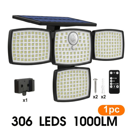 4/2/1 PACK 4 Head Solar Light Outdoor with Motion Sensor 306LED, 1000LM Solar Lights Outdoor with Remote Control, 270° Wide Angle Street Area Lights, 3 Adjustable Modes, IP65 Waterproof Solar Flood Light for Garden, Backyard, Garage, Wall, Yard Decor