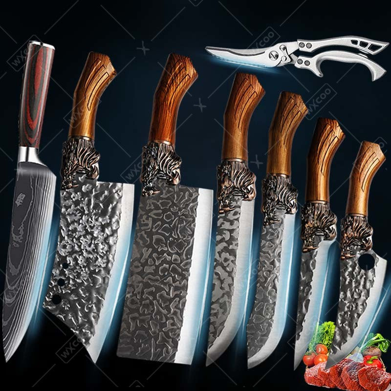 8pcs, Professional Kitchen Chef Knife Set, Stainless Steel Utility Knife Handmade Forged Knife Boning Knife Fish Knife Butcher Knife Kitchen Scissors Ultra-Sharp Bone Scissors for Kitchen Convenience Boning Duck Fish Scissors