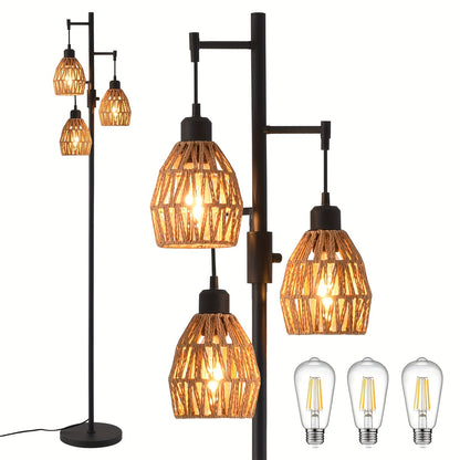 Boho Rattan Tree Floor Lamp, Dimmable Floor Lamp with 3-Bulb Lamp, Modern Lighting for Living Room Bedroom Leisure Area And Rest Room Adjustable Arm Standing Lamp with Sleek Metal Body, Soft Warm Lighting for Home