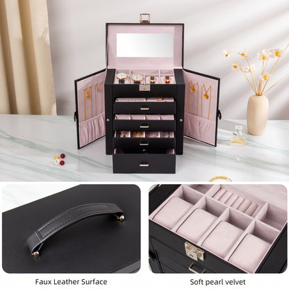Large Jewelry Box, 5-Tier PU Leather Jewelry Organizer with Lock, Multi-Functional Storage Case with Mirror, Jewelry Organizer for Bracelets, Earrings, Rings, Necklaces, Mother'S Day, Jewelry Boxes