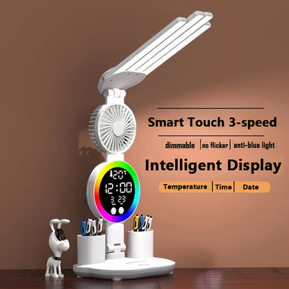 LED Desk Lamp with USB Touch Control Adjustable Brightness Color Changing Built-In Fan Night Light Eye-Caring for Home Office Dorm Study Multi-Angle