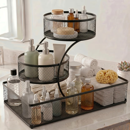 3-Tier Metal Bathroom Storage Rack, Includes A Spray Bottle | Hooks - Space-Saving Countertop Organizer for Cosmetics, Skincare, And Toiletries | Rust-Resistant Diamond Mesh Design | Sturdy And Durable, Suitable for Vanities, Bathrooms, Wardrobes