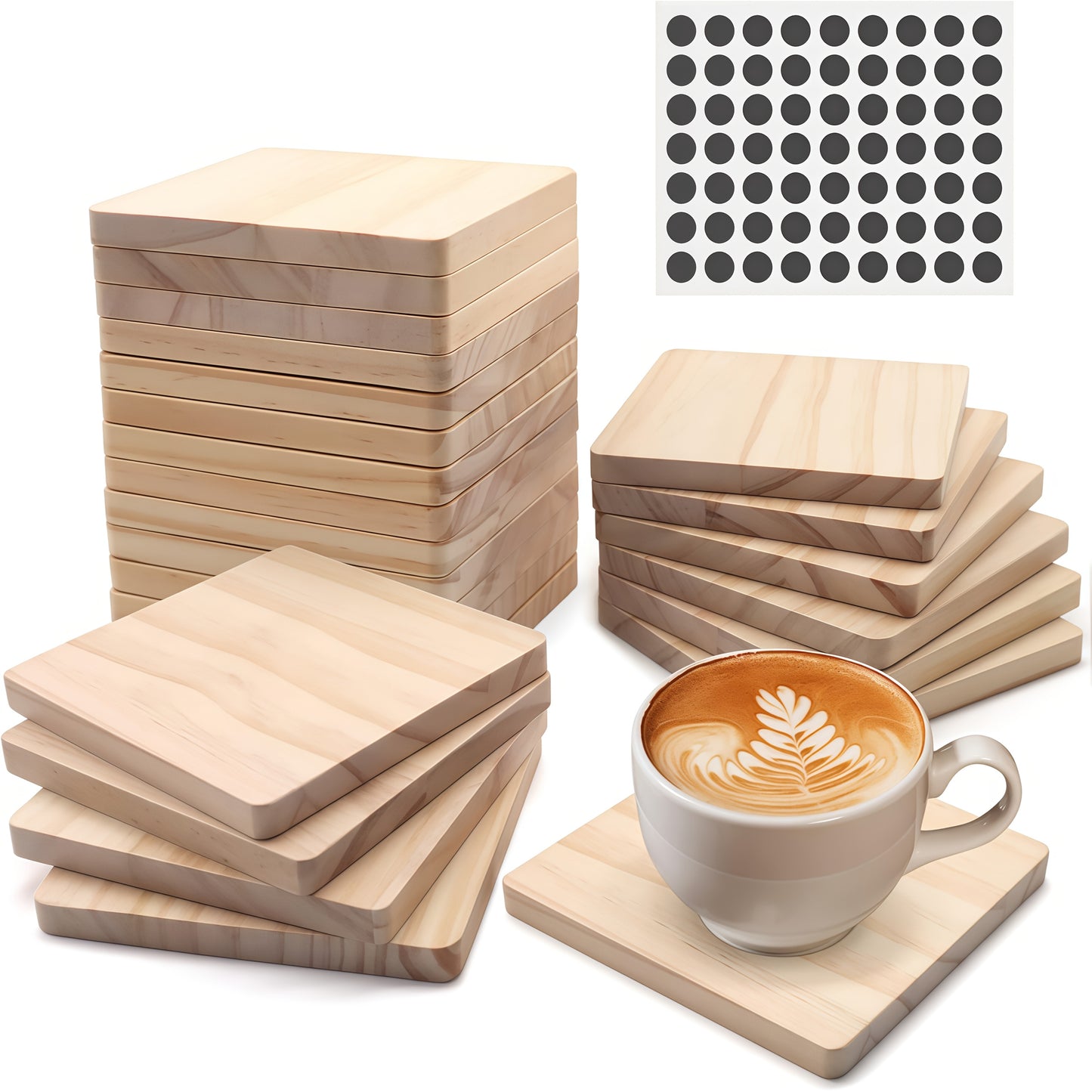 24/48/96pieces Unfinished Wood Coaster Blanks(4 Inch Square & Round) With Non-Slip Foam Stickers - DIY Craft Supplies For Painting, Engraving, Burning & Decor - Ideal Handmade Gifts & Home Decor For Christmas Halloween Easter, Mother'S Day Craft Gift