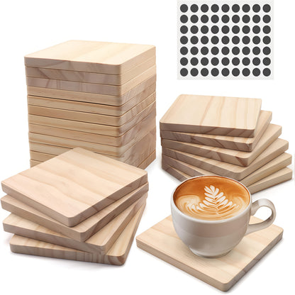 24/48/96pieces Unfinished Wood Coaster Blanks(4 Inch Square & Round) With Non-Slip Foam Stickers - DIY Craft Supplies For Painting, Engraving, Burning & Decor - Ideal Handmade Gifts & Home Decor For Christmas Halloween Easter, Mother'S Day Craft Gift