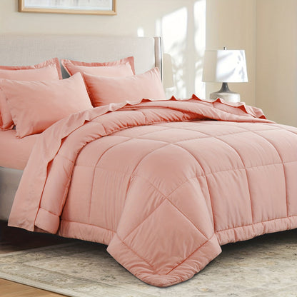 7pcs Comforter Set-Luxury Soft Fluffy Bedding With 1 Comforter, 1 Fitted Sheet, 1 Flat Sheet, And 4 Pillowcases & Pillow Cover-All Season Quilte Set Queen, Hypoallergenic, Breathable, Easy Care, Valentine'S Day Bed In A Bag, Gifts For Her