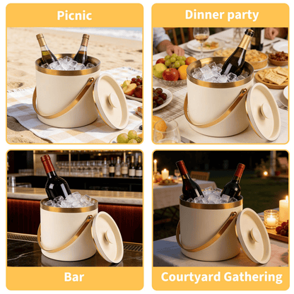 101.44oz Stainless Steel Ice Bucket with Lid, 7.5X7.1In, 43.96oz Large Capacity Insulated Thickened Ice Bucket, Mirror End, 3-Layer Vacuum Insulation, with Ice Spoon & Drainage, for Party, Picnic, Bar, White, Newly Upgraded Ice Bucket