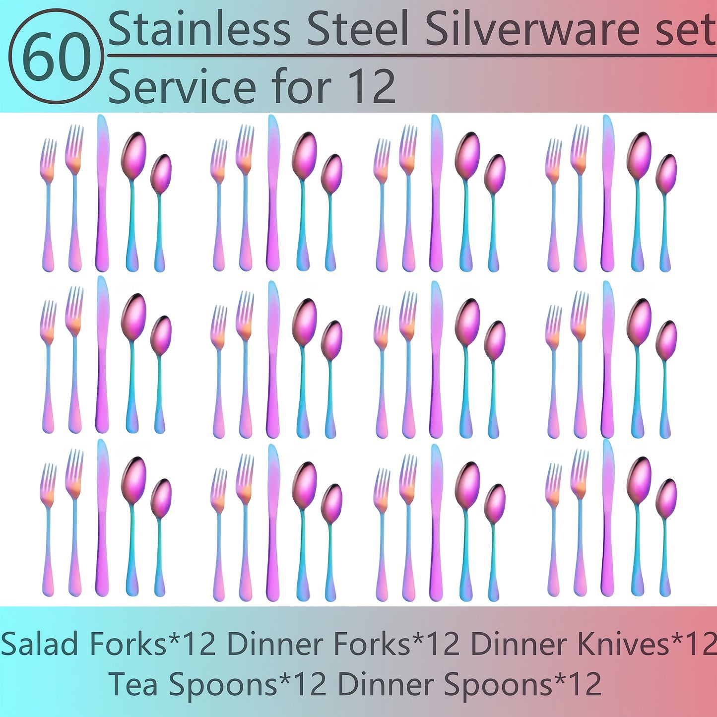 Flatware Set for 12, 60-Piece 304 Stainless Steel Cutlery Set with Mirror Polish & Titanium Plated Finish — Dishwasher Safe Silverware with Knife, Fork & Spoon | Silver, Gold & Rainbow