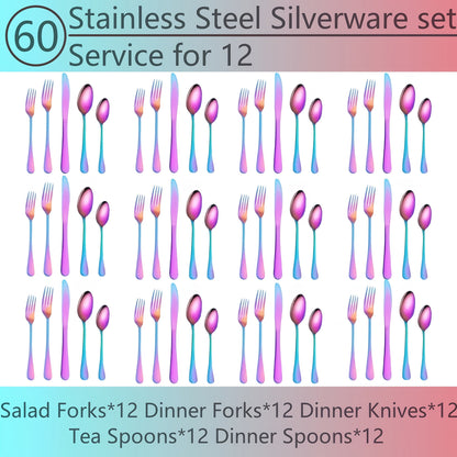 Flatware Set for 12, 60-Piece 304 Stainless Steel Cutlery Set with Mirror Polish & Titanium Plated Finish — Dishwasher Safe Silverware with Knife, Fork & Spoon | Silver, Gold & Rainbow
