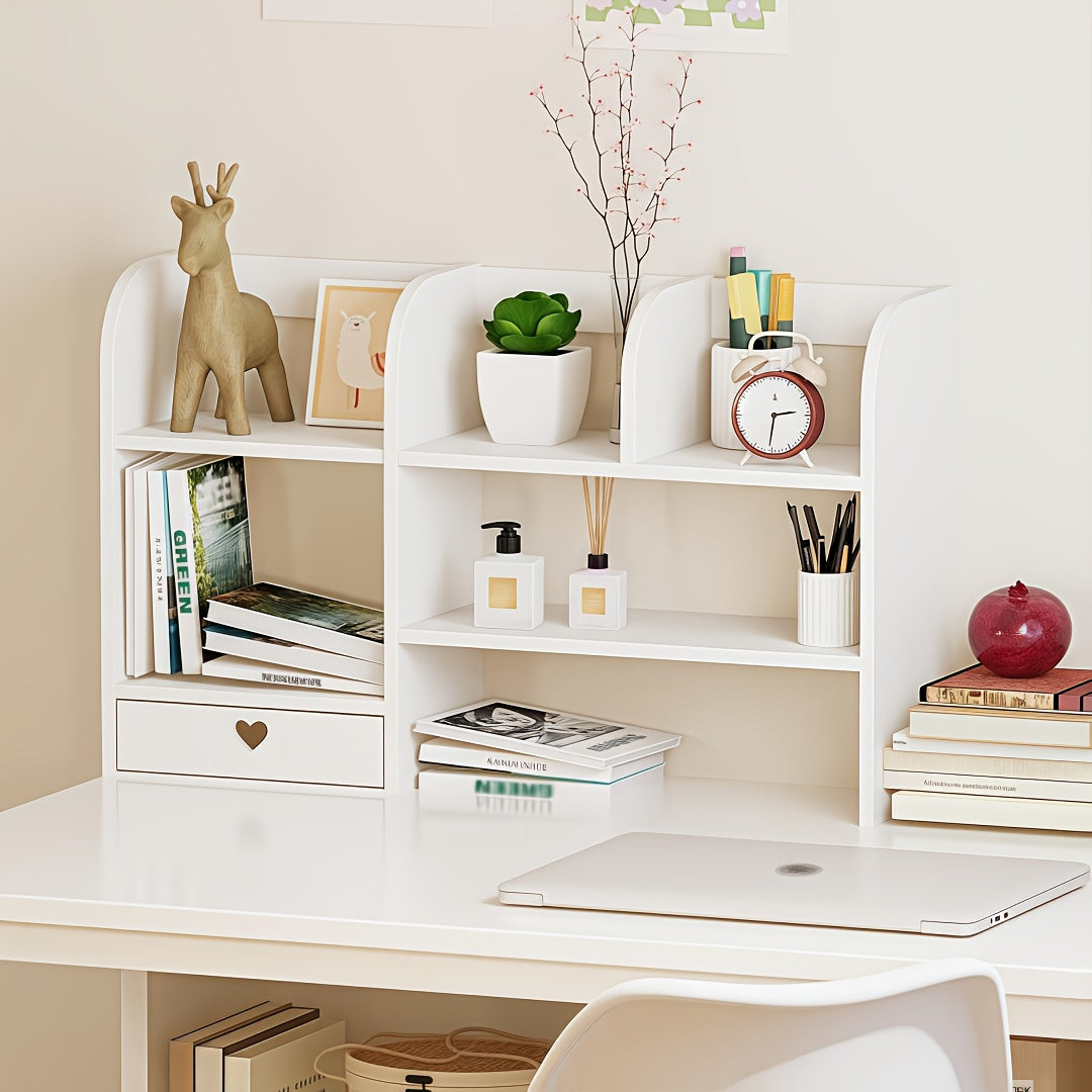Desktop Organizer Double Layer Desk Shelf – 2-Tier Storage Rack for Office Supplies, Stationery, Cosmetics | Space-Saving Bookshelf for Bedroom, Dorm, Home Office, Waterproof Wood-Plastic