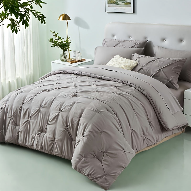 5/7pcs Luxurious Pleated Comforter Collections - Exceptionally Soft Plush Fiber Filling, Suitable for Year-Round Warmth - Includes Quilted Comforter, Flat Sheet, Fitted Sheet, Pillowcases, Pillow Shams, Complete Bed Set