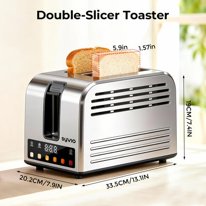 Toaster 2-Slice Stainless Steel Smart Touchscreen – 5 Bread Types, 6 Browning Levels, Wide Slots, Temperature Control, Removable Crumb Tray, Compact Kitchen Toaster