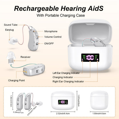 OTC Hearing Aid for Adults – Invisible Behind-the-Ear Hearing Amplifier, Magnetic Charging Case, 24Hr Battery, Noise Reduction, Natural Sound, Ergonomic Fit for Seniors & Adults, Brown & Silver
