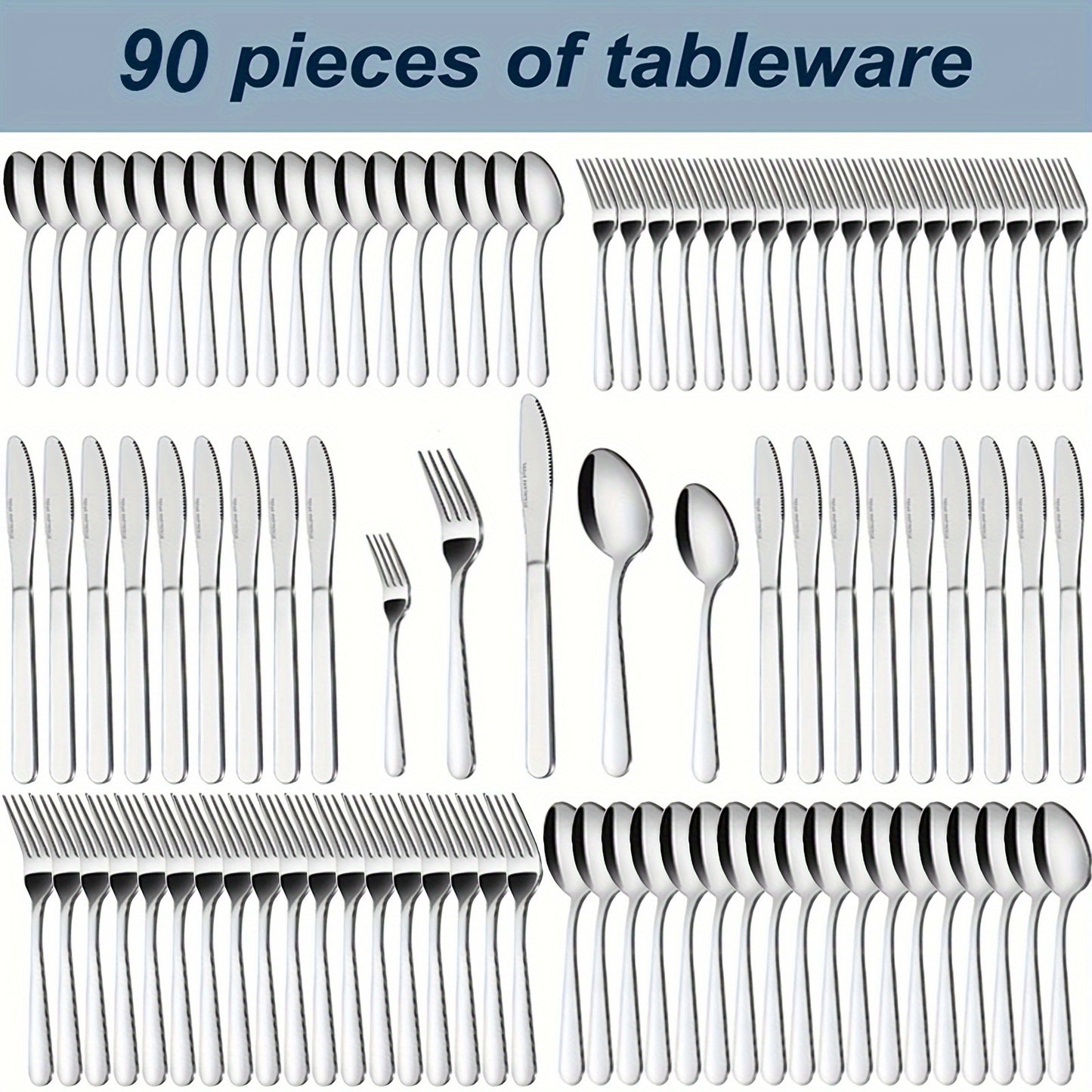 90P Stainless Steel Silverware Suitable for 18 People to Use, 60/90pcs, Steak Knife, Salad Fork, Dessert Spoons, Cutlery Set with Gift Box, Kitchen Accessories, Home Outdoor, Wedding Camping Stuff, Halloween Party Gift, Dishwasher Safe