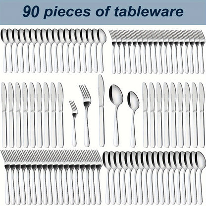 90P Stainless Steel Silverware Suitable for 18 People to Use, 60/90pcs, Steak Knife, Salad Fork, Dessert Spoons, Cutlery Set with Gift Box, Kitchen Accessories, Home Outdoor, Wedding Camping Stuff, Halloween Party Gift, Dishwasher Safe