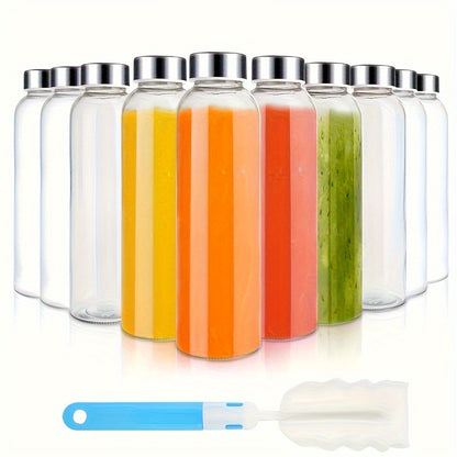 18 Oz Glass Water Bottles (With Lids), Juice Bottles, Clear Glass Juice Bottles for Juicing, Reusable Glass Juicer Bottles, with Stainless Steel Lids, BPA Free, Leak-Proof, Set of 10